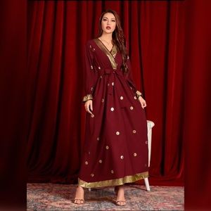 Burgundy gold surplice belted maxi dress size XL